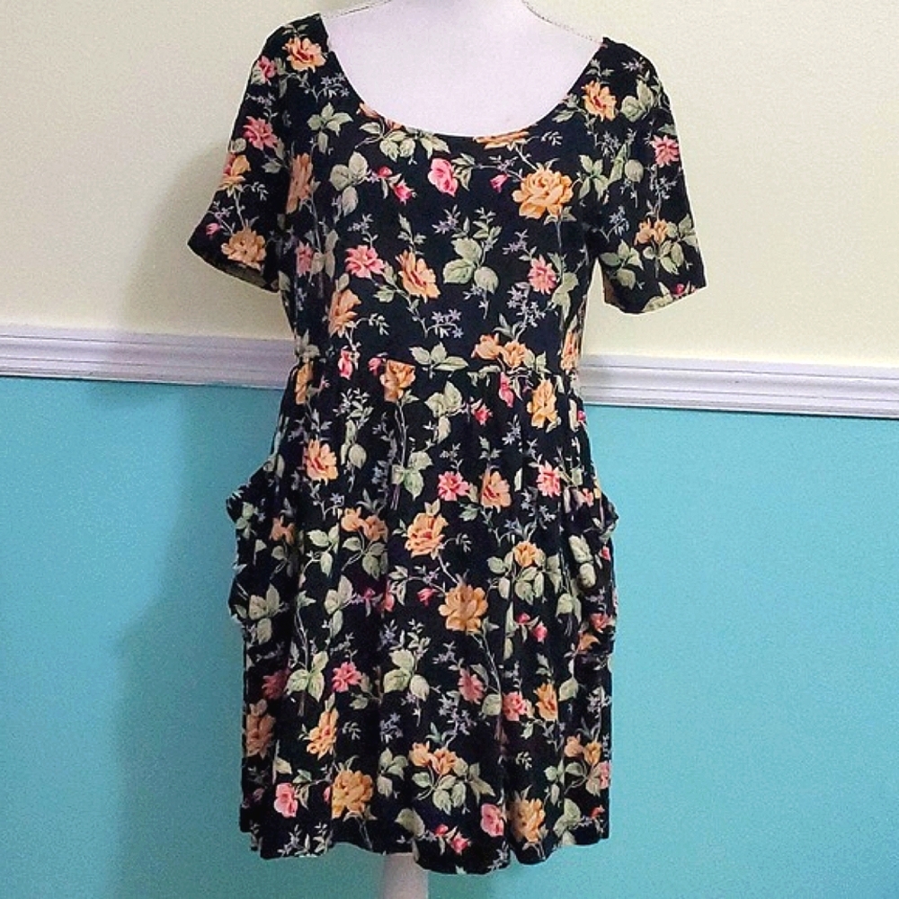 Moda Intl Black Floral Fit & Flare Big Pockets Cottagecore Prairie Mini Dress S